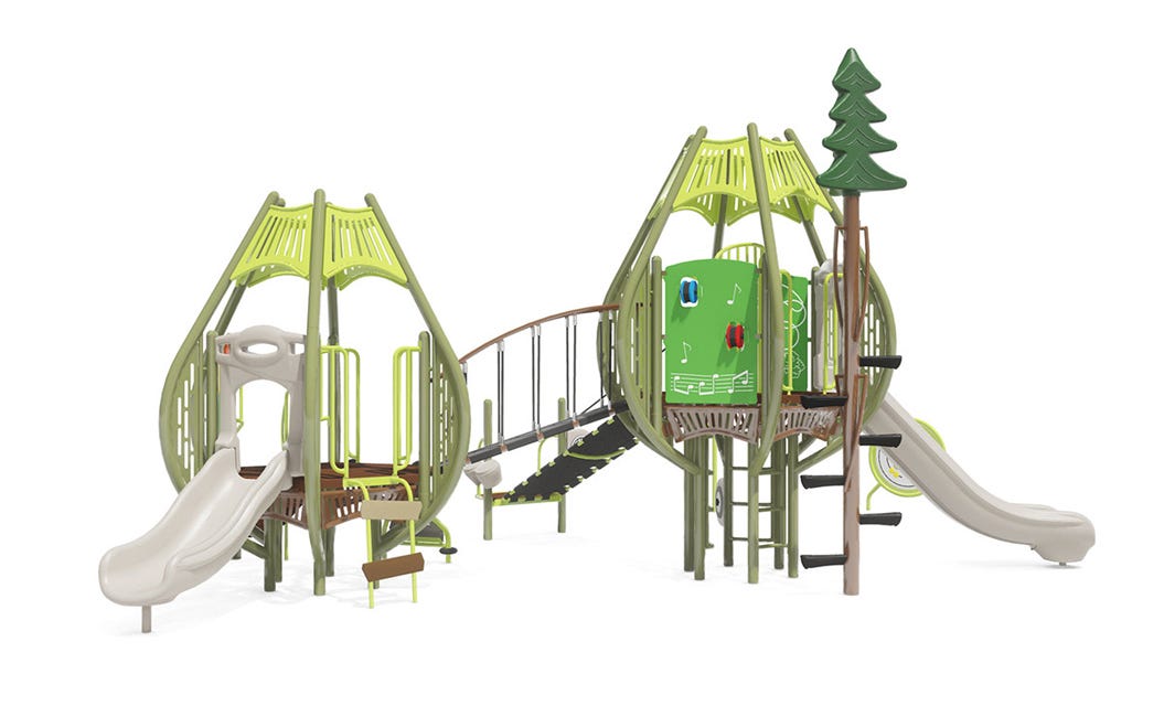Compact green and chartreuse play system with inclined ramp, a climber, 2 slides, tree toppers, and integrated roof-like shades