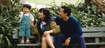 family sitting on a park bench