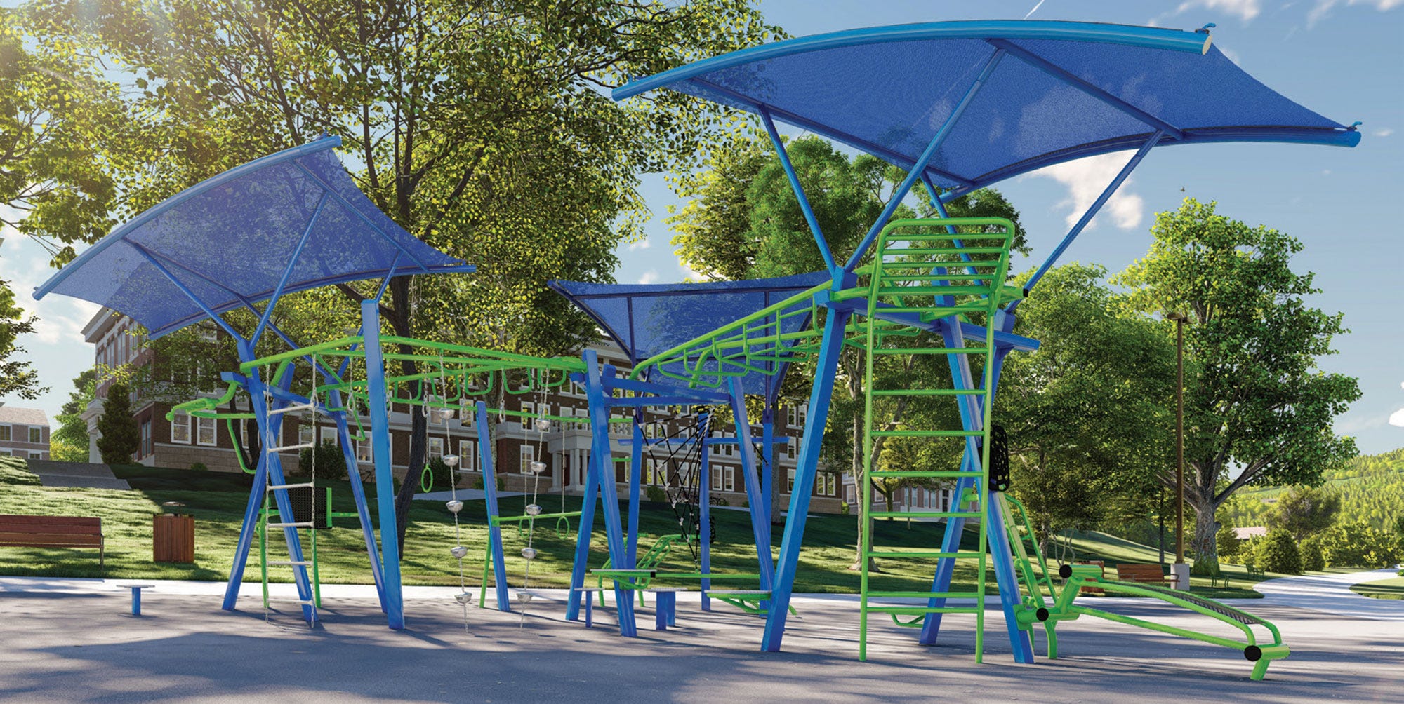 Outdoor fitness equipment with integrated shade