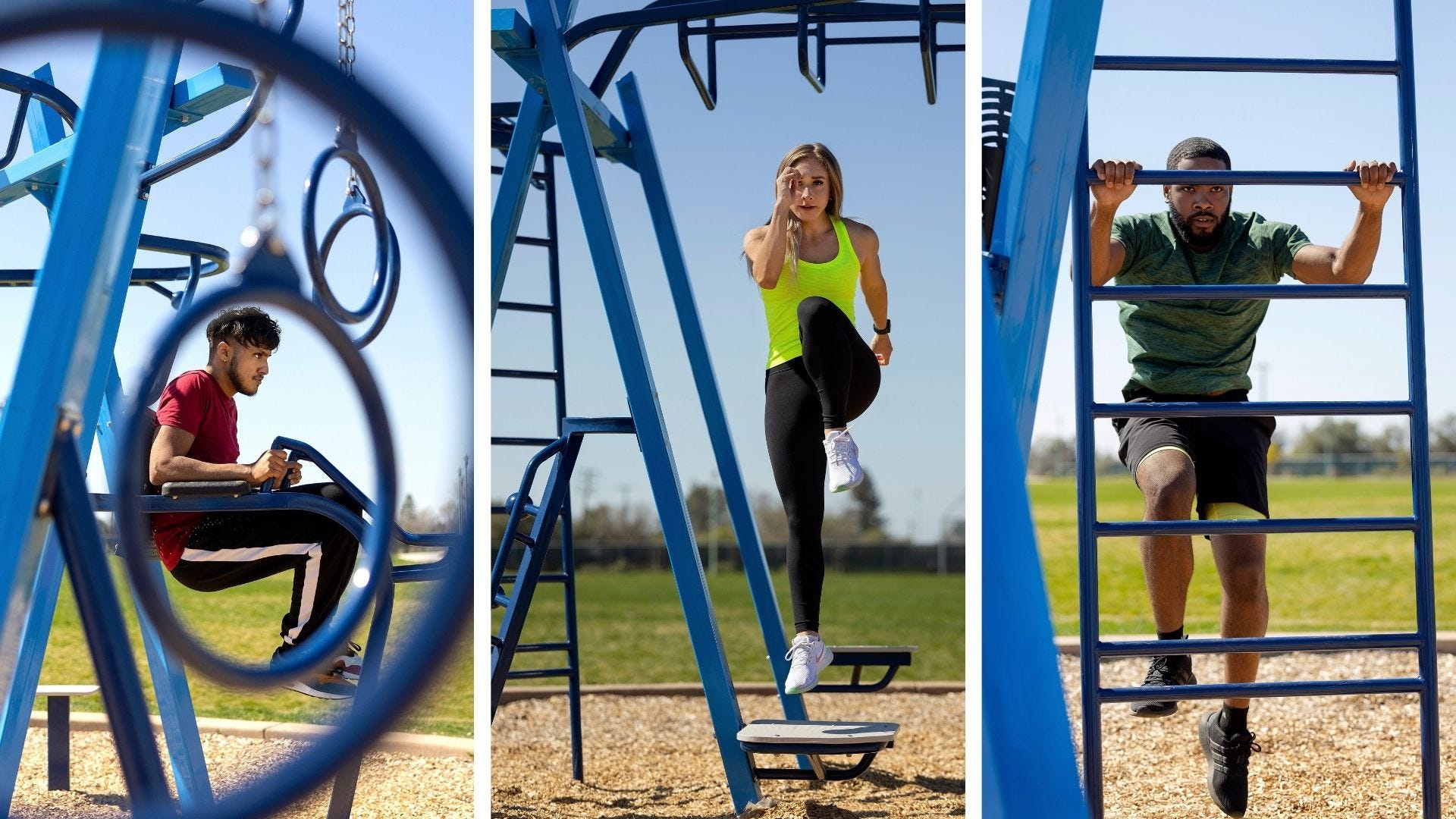 adults exercising on outdoor fitness equipment in a park