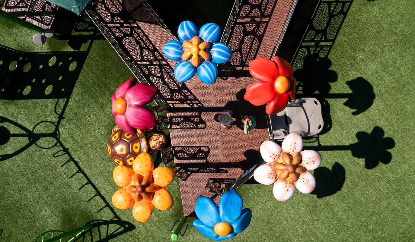 Overhead view of a playground with custom flower scultpures