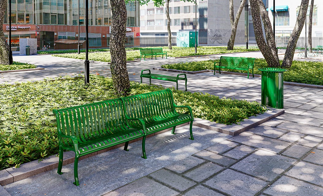 Benches and a trash can