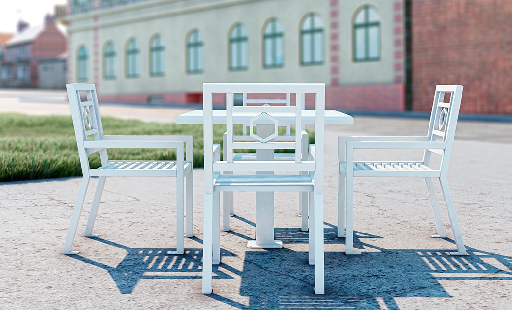 Series 600 Benches, a table, and a trash can