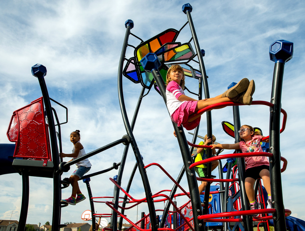 The Stadium with Integrated Shade by GameTime Compact obstacle course with shade structures