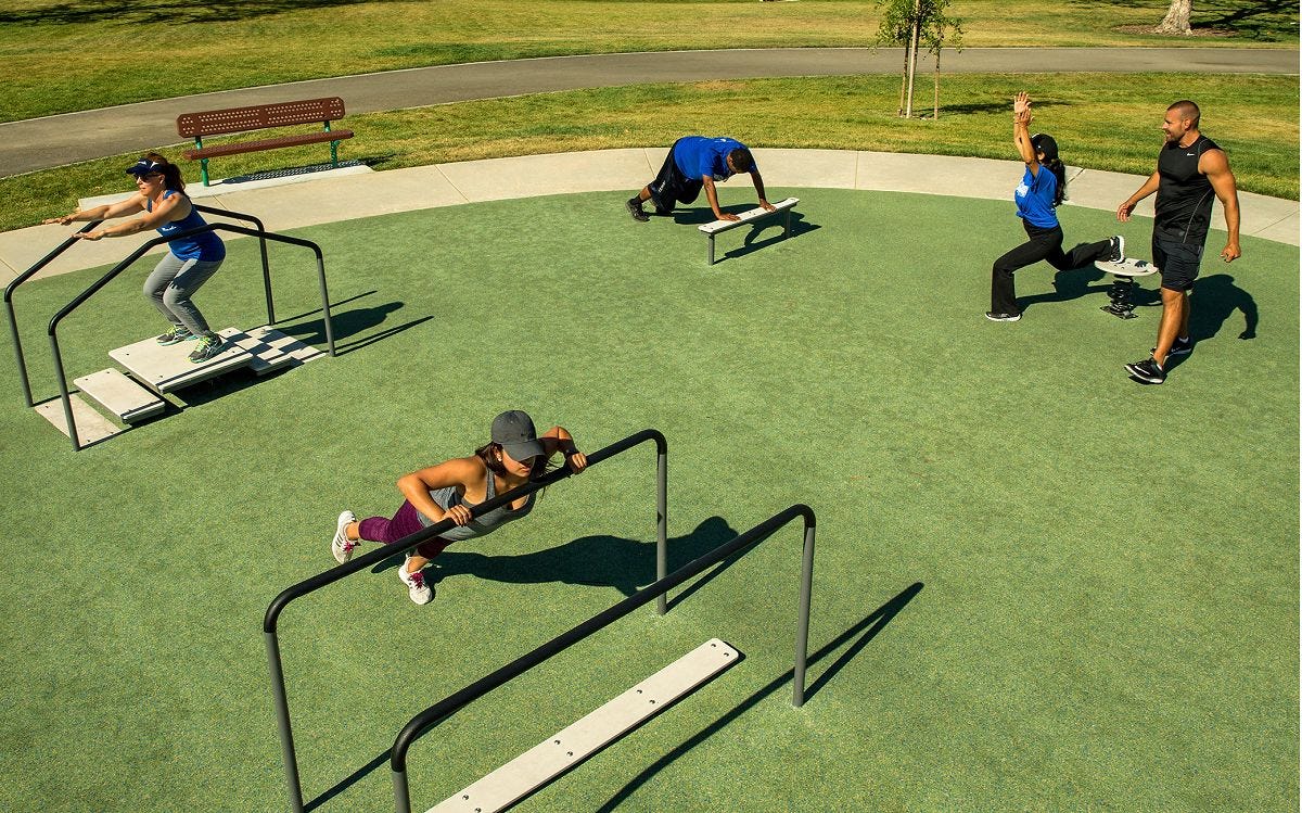 Outdoor Fitness by GameTime Adults exercising in an outdoor fitness park