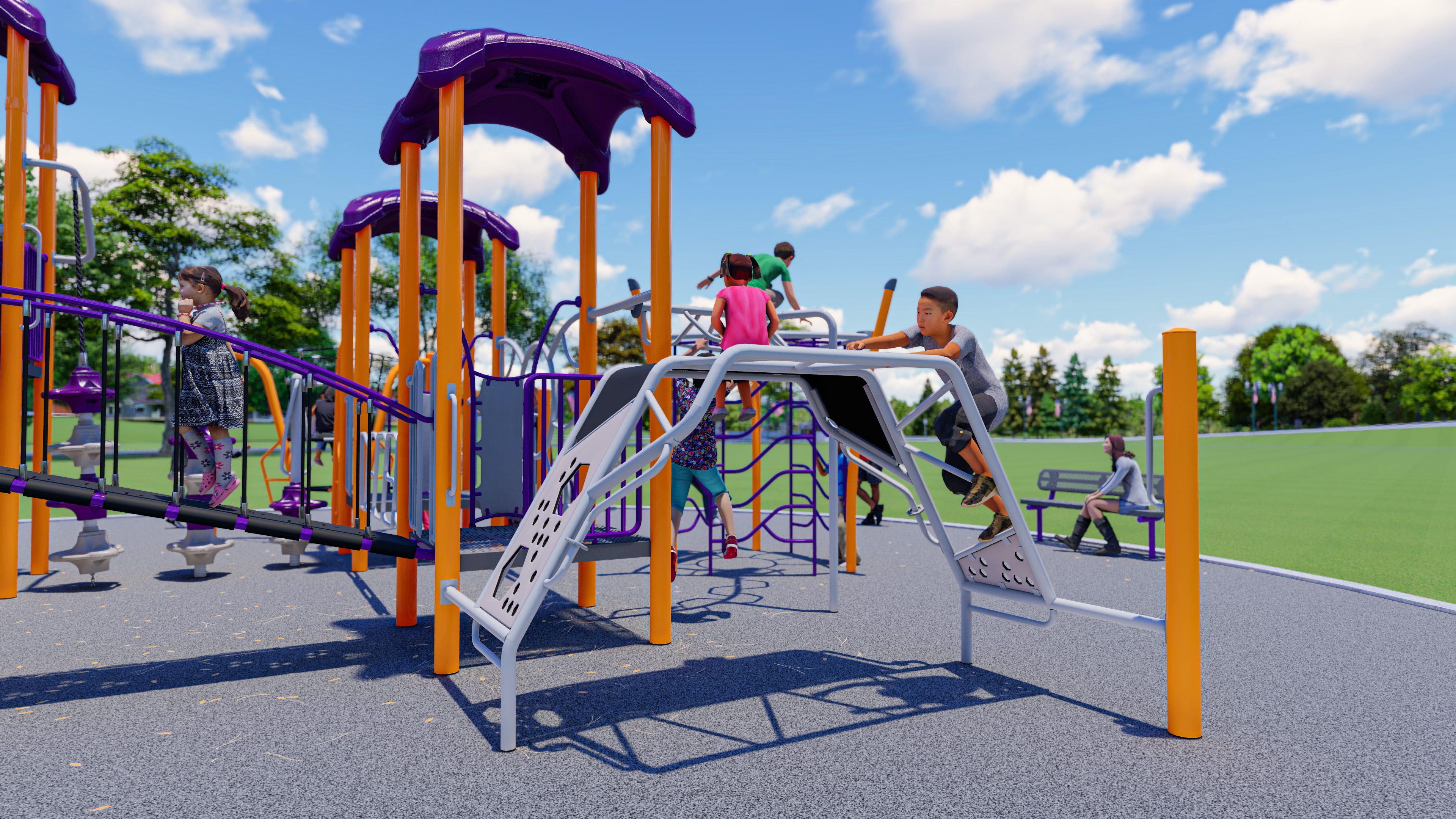 All For Fun by GameTime Blue, red, and yellow accessible play system with ramped access