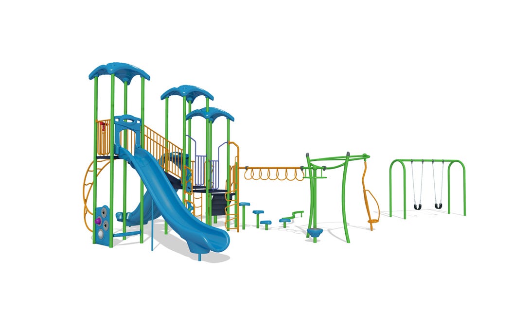 Yellow, green, and blue play system with two slides, three climbers, spinners, swings, balancing, and integrated shade