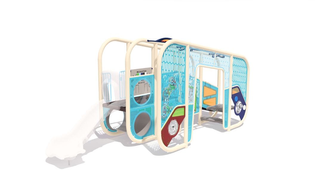 Blue, red, and yellow accessible play system with ramped access